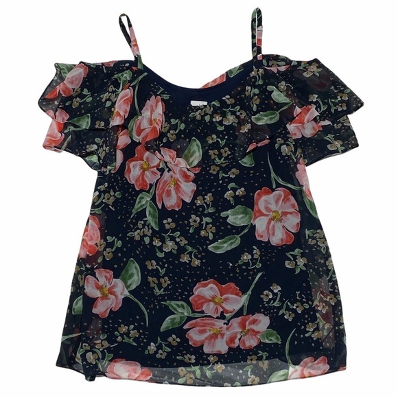 CABI Navy Blue Pink Floral Cold-Shoulder Ruffled Fairy Tale Chiffon Blouse - Picture 5 of 12